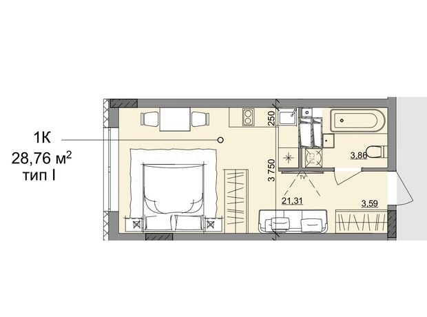 ЖК Акварель 10: планировка 1-комнатной квартиры 28.76 м²