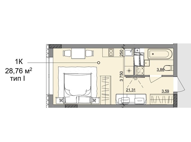 ЖК Акварель 10: планування 1-кімнатної квартири 28.76 м²