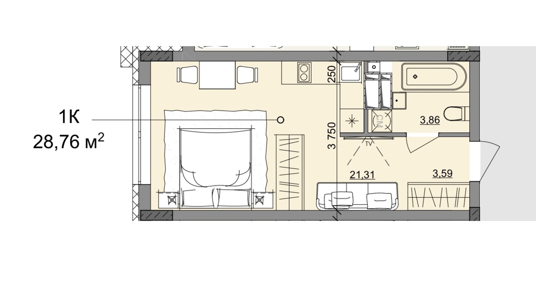 Планировка смарт квартиры в ЖК Акварель 10 28.76 м², фото 400102