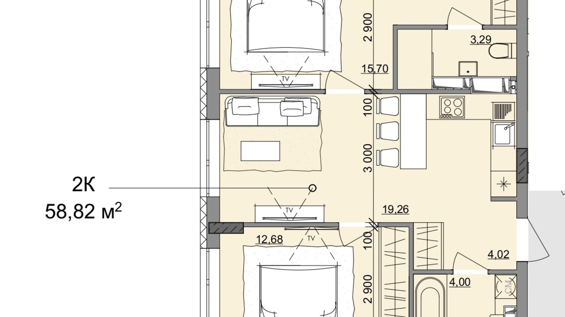 Планировка 2-комнатной квартиры в ЖК Акварель 10 58.82 м², фото 400103