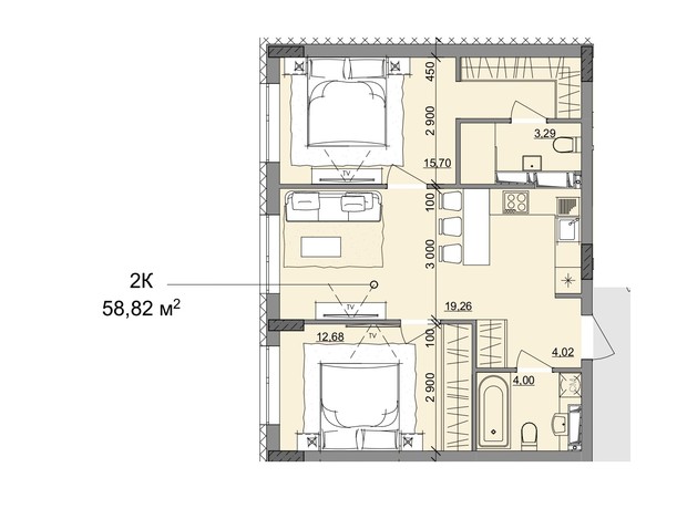 ЖК Акварель 10: планування 2-кімнатної квартири 58.82 м²