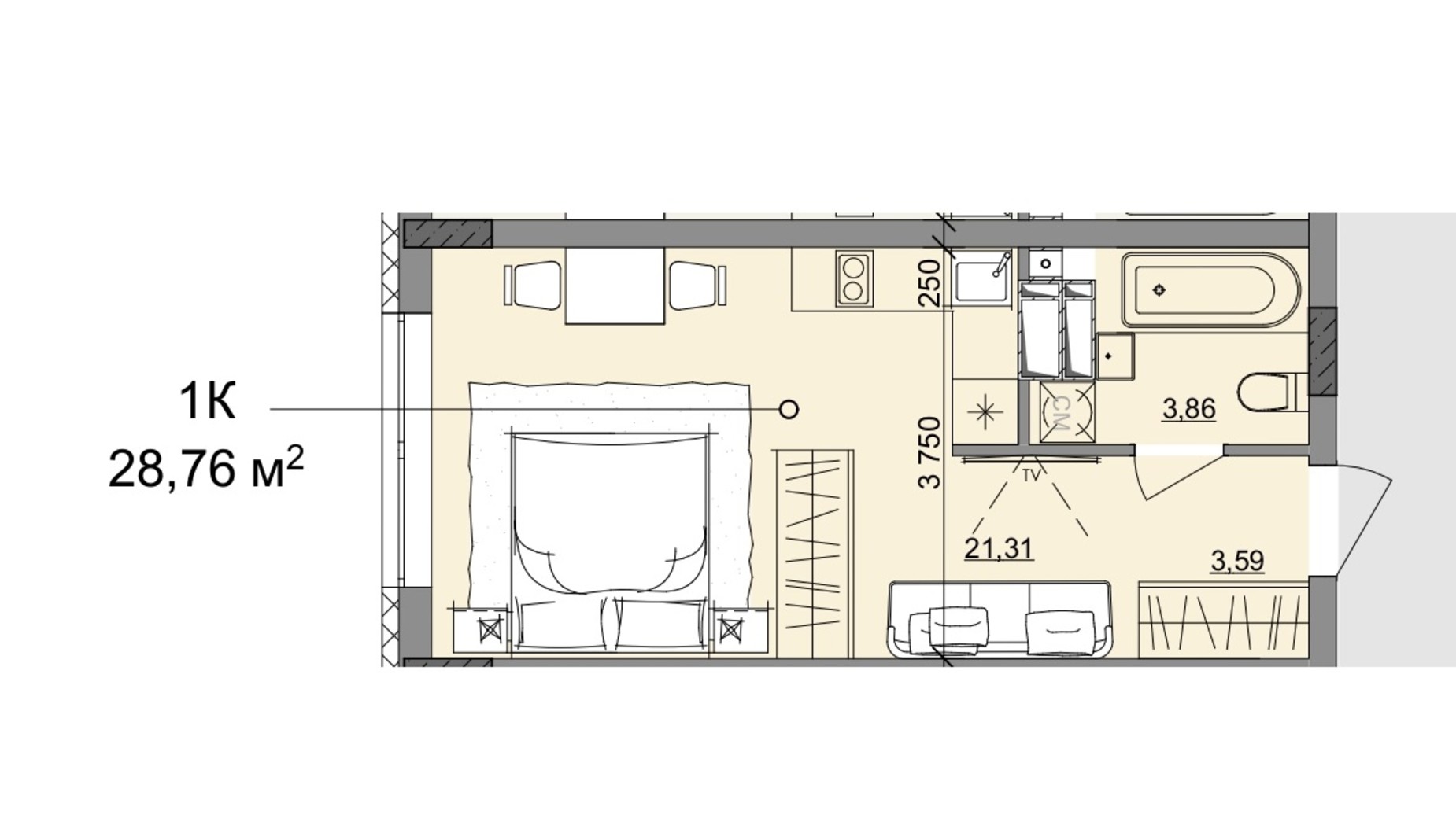 Планування смарт квартири в ЖК Акварель 10 28.76 м², фото 400104