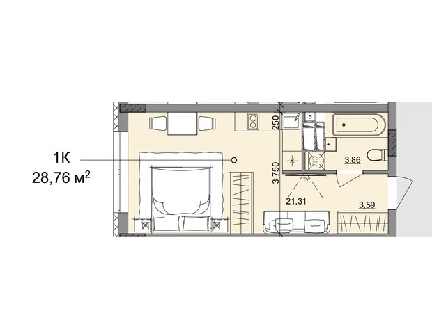 ЖК Акварель 10: планировка 1-комнатной квартиры 28.76 м²