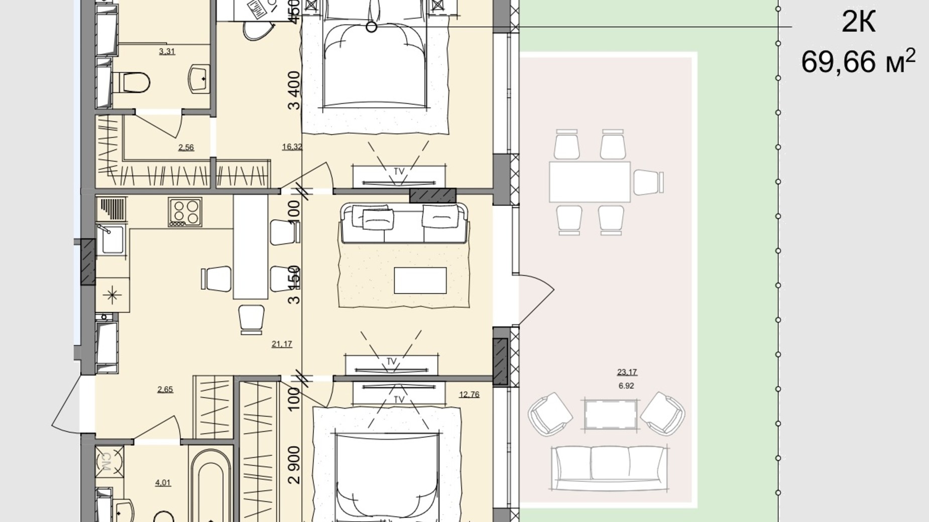 Планировка 2-комнатной квартиры в ЖК Акварель 10 69.66 м², фото 400111