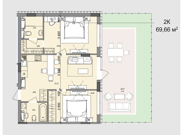 ЖК Акварель 10: планування 2-кімнатної квартири 69.66 м²