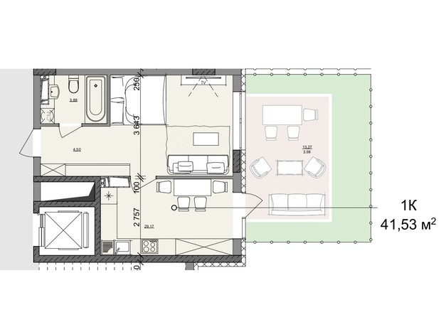 ЖК Акварель 10: планування 1-кімнатної квартири 41.53 м²