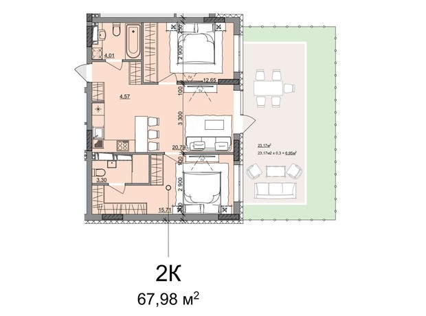 ЖК Акварель 10: планування 2-кімнатної квартири 67.98 м²