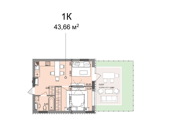 ЖК Акварель 10: планування 1-кімнатної квартири 43.66 м²