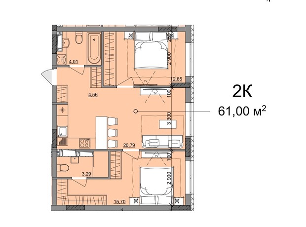 ЖК Акварель 10: планування 2-кімнатної квартири 61 м²