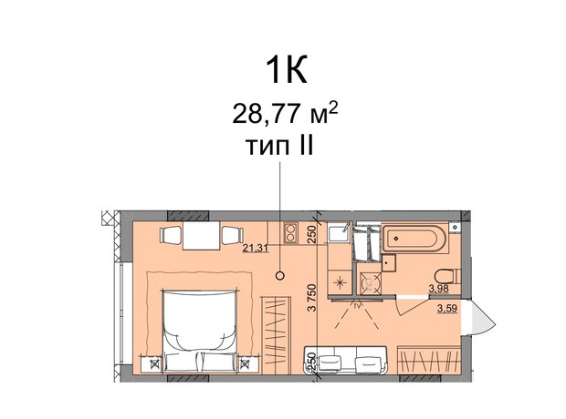 ЖК Акварель 10: планировка 1-комнатной квартиры 28.77 м²