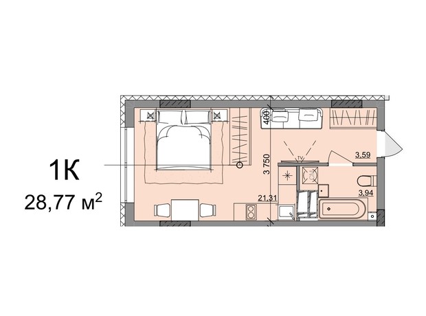 ЖК Акварель 10: планування 1-кімнатної квартири 28.77 м²