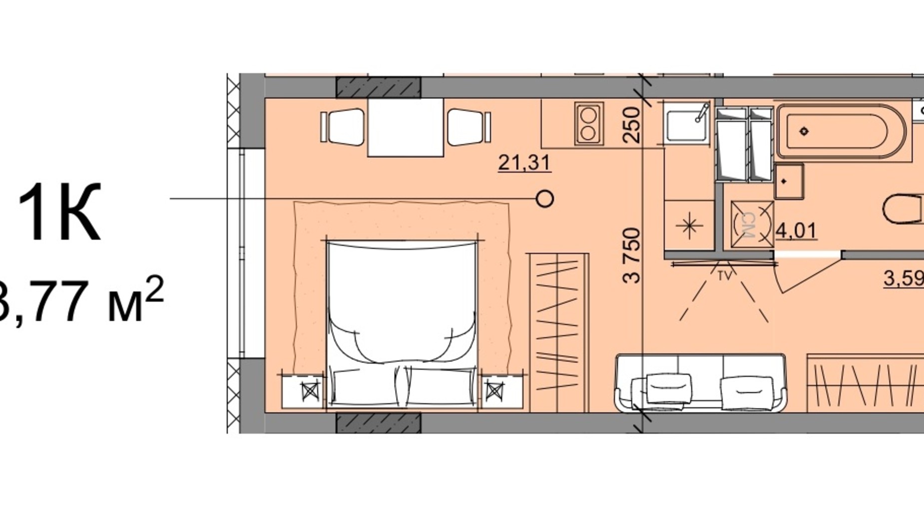 Планування смарт квартири в ЖК Акварель 10 28.77 м², фото 400129