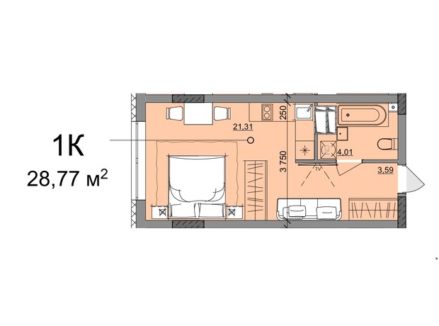 ЖК Акварель 10: планування 1-кімнатної квартири 28.77 м²