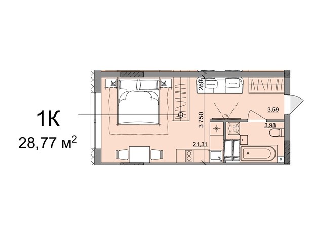 ЖК Акварель 10: планировка 1-комнатной квартиры 28.77 м²