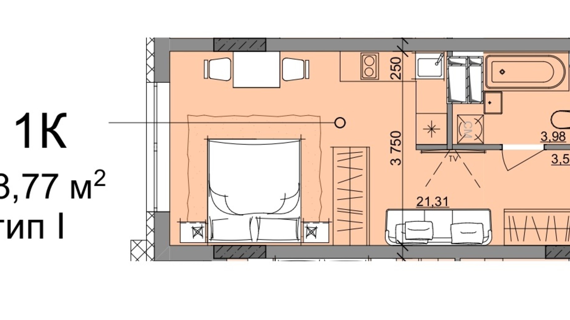 Планування смарт квартири в ЖК Акварель 10 28.77 м², фото 400131