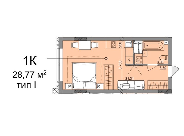 ЖК Акварель 10: планування 1-кімнатної квартири 28.77 м²