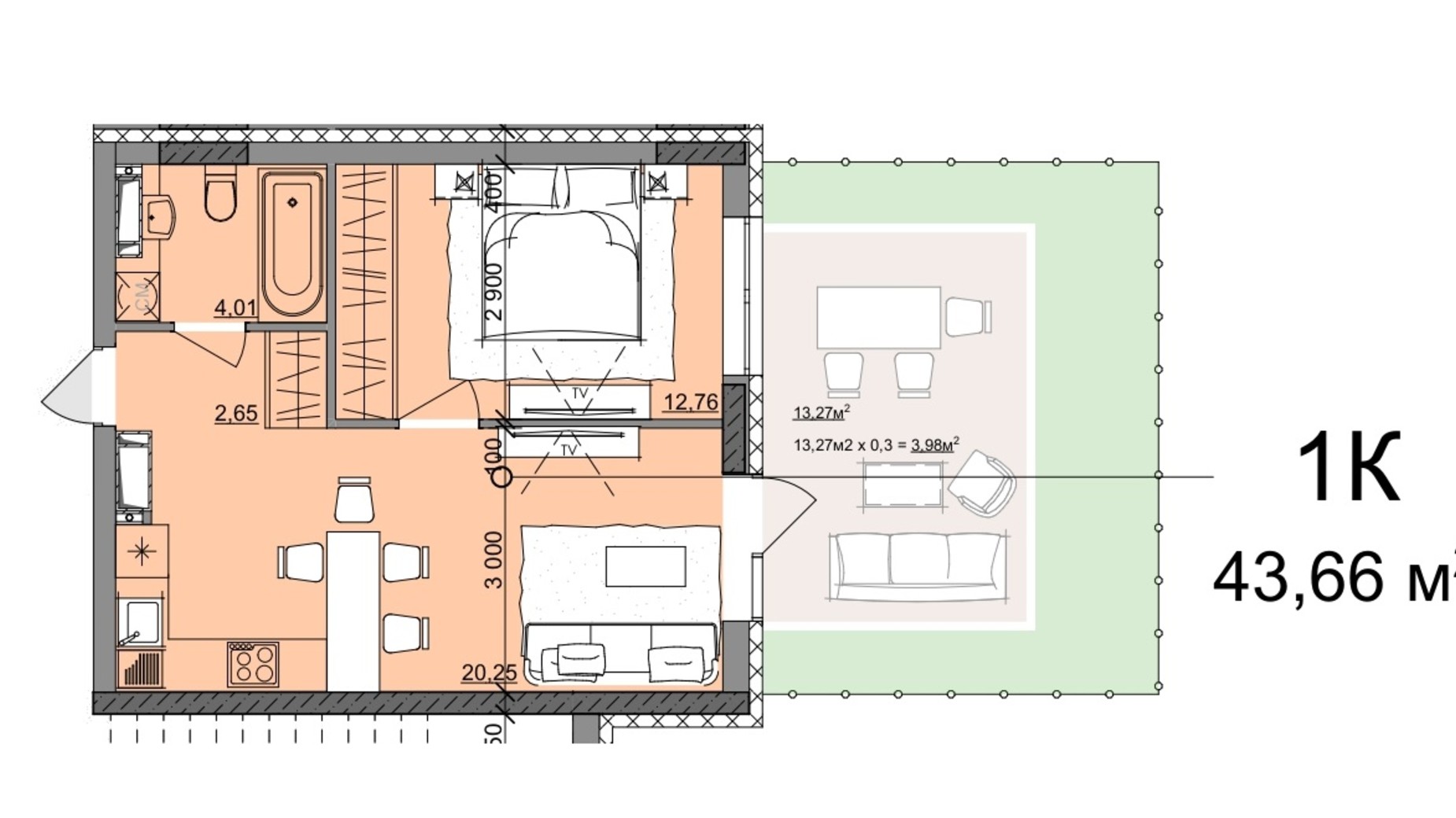 Планування 1-кімнатної квартири в ЖК Акварель 10 43.65 м², фото 400132