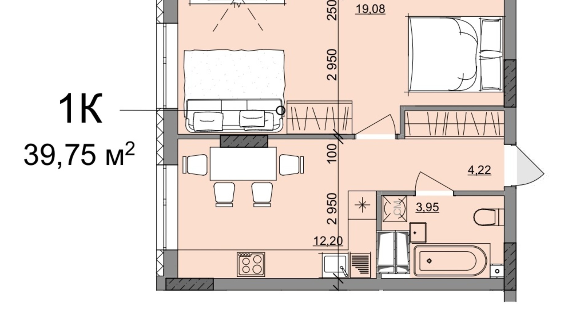 Планування 1-кімнатної квартири в ЖК Акварель 10 39.75 м², фото 400151