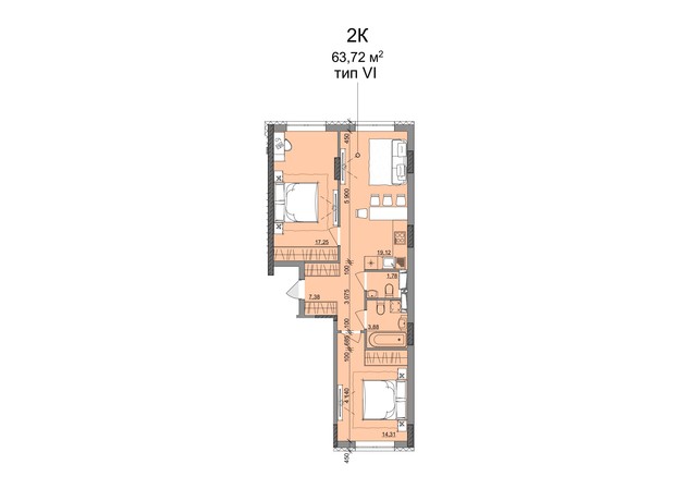 ЖК Акварель 10: планування 2-кімнатної квартири 63.72 м²