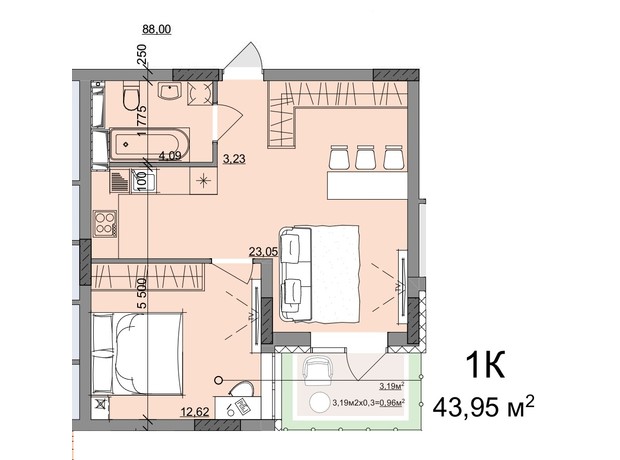 ЖК Акварель 10: планування 1-кімнатної квартири 43.95 м²
