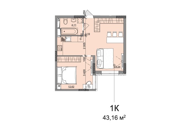 ЖК Акварель 10: планування 1-кімнатної квартири 43.16 м²