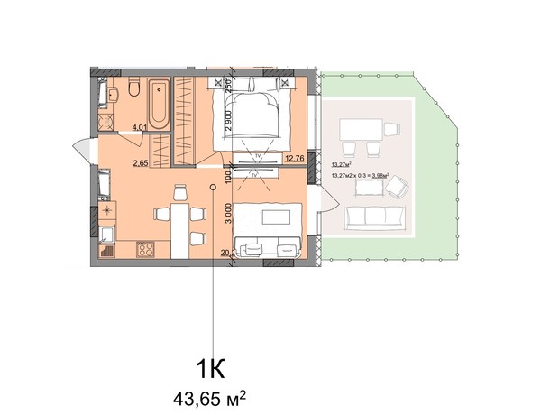ЖК Акварель 10: планировка 1-комнатной квартиры 43.66 м²
