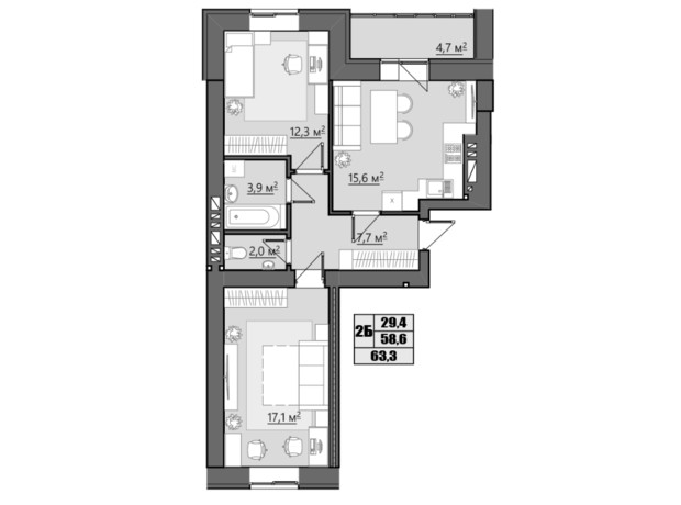 ЖК Семейный: планировка 2-комнатной квартиры 62.8 м²