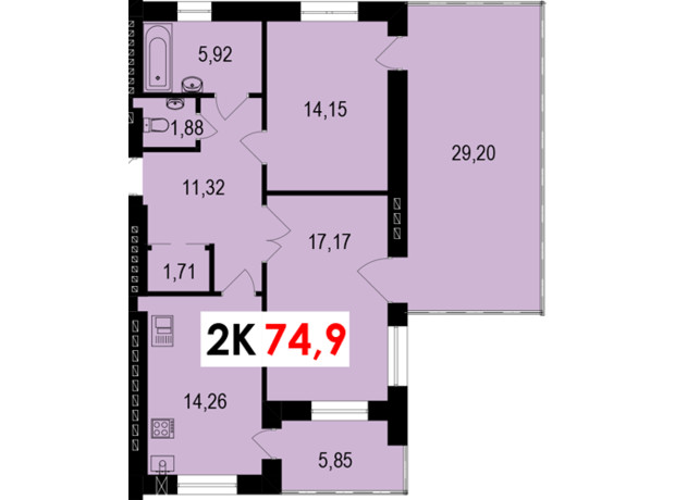 ЖК Квартал Краківський: планування 2-кімнатної квартири 79.7 м²