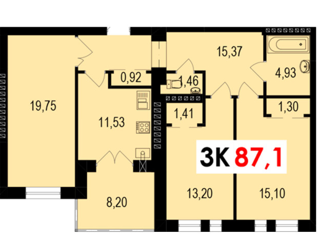 ЖК Квартал Краківський: планування 3-кімнатної квартири 87.1 м²