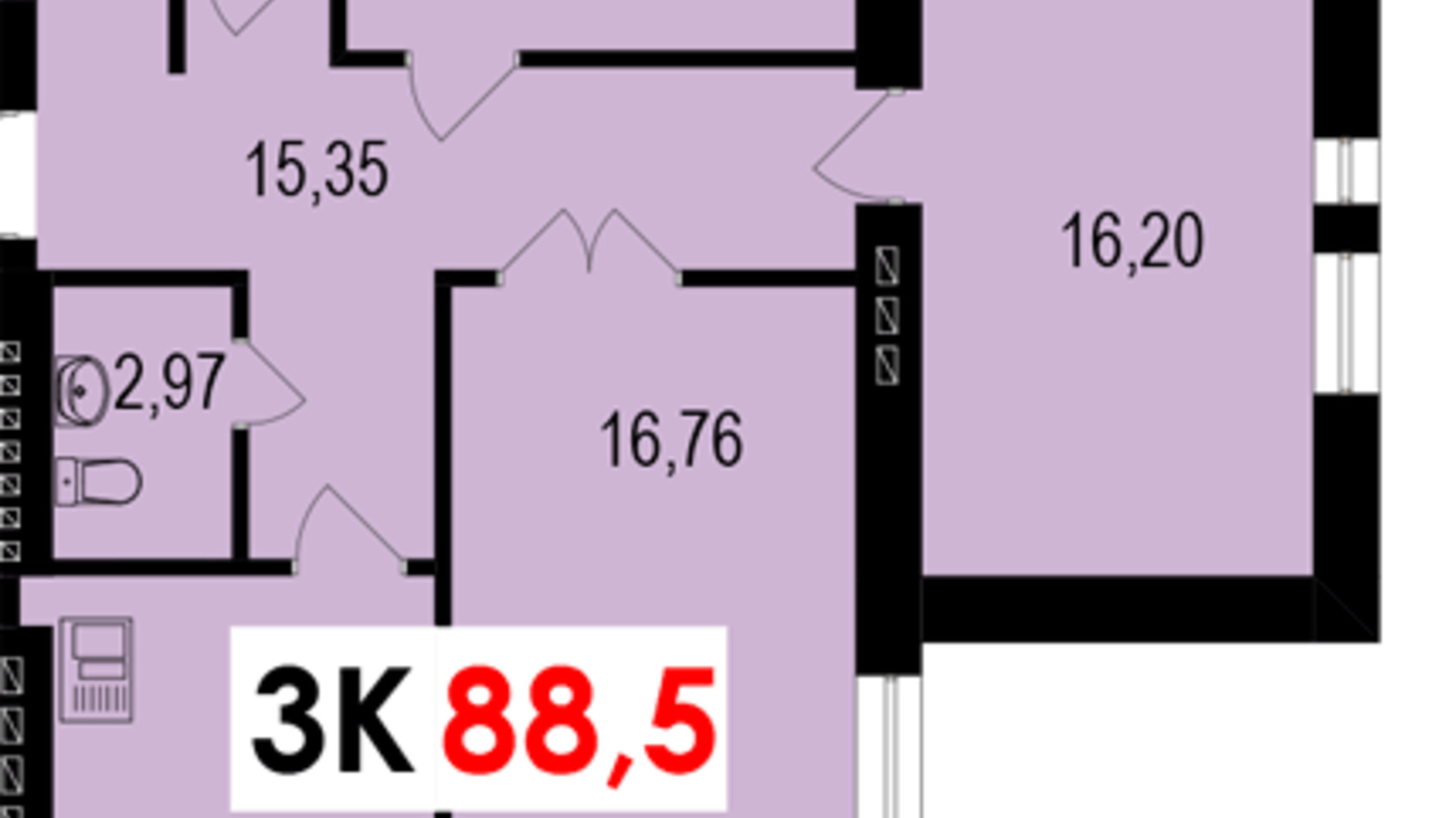 Планування 3-кімнатної квартири в ЖК Квартал Краківський 88.5 м², фото 400426