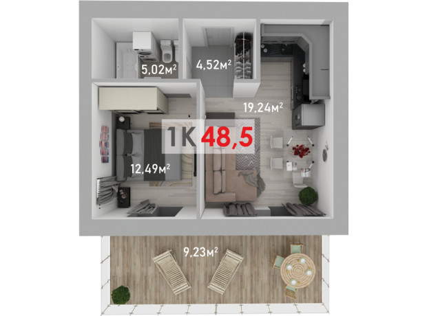 ЖК Квартал Краківський: планування 1-кімнатної квартири 48.5 м²