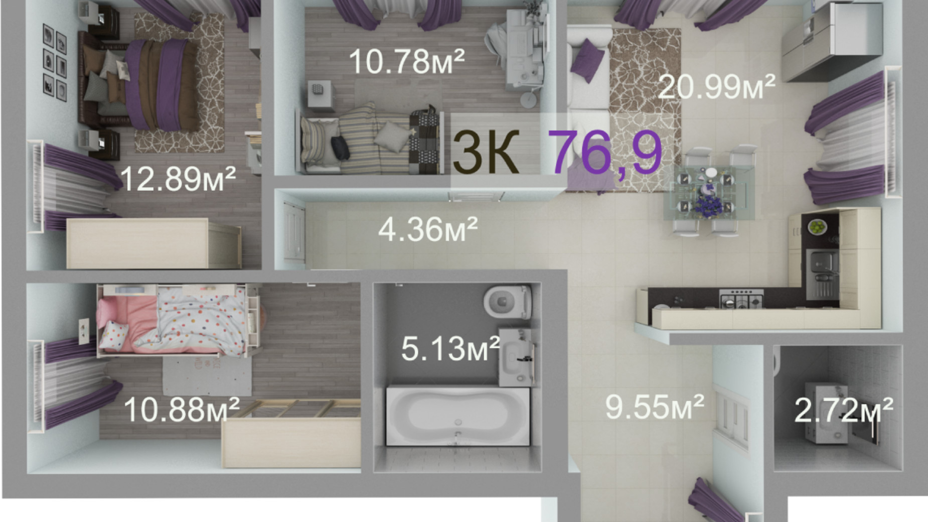 Планування 3-кімнатної квартири в ЖК Квартал Краківський 76.9 м², фото 400449