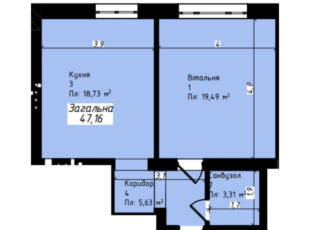 Клубный дом Джем Таун: планировка 1-комнатной квартиры 47.16 м²