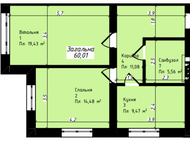 Клубный дом Джем Таун: планировка 2-комнатной квартиры 60.01 м²