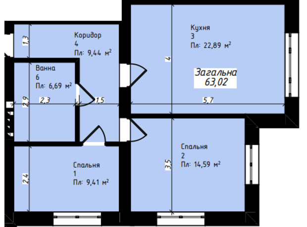 Клубный дом Джем Таун: планировка 2-комнатной квартиры 63.02 м²