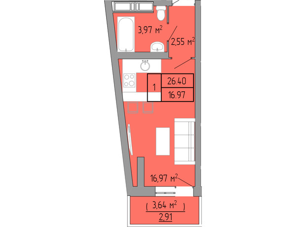ЖК Акварель 3: планування 1-кімнатної квартири 26.4 м²