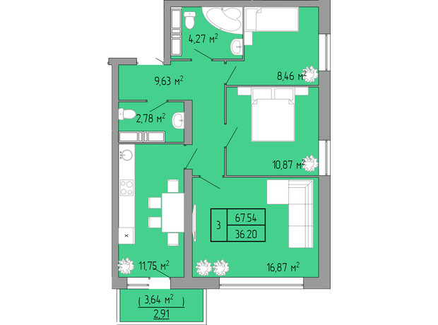ЖК Акварель 3: планування 2-кімнатної квартири 67.6 м²