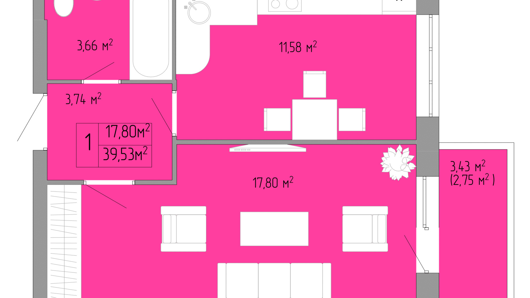 Планировка 1-комнатной квартиры в ЖК Акварель 3 38.3 м², фото 400545