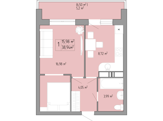 ЖК Акварель 3: планування 1-кімнатної квартири 38.94 м²