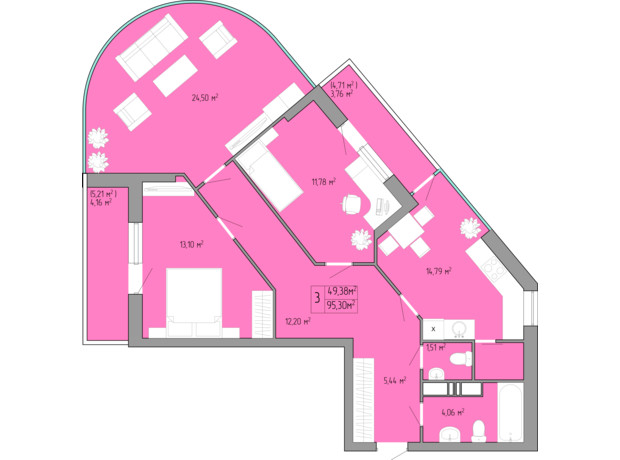 ЖК Акварель 3: планування 3-кімнатної квартири 95.49 м²
