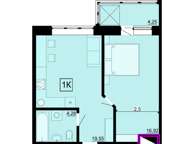 ЖК Акварель 4: планировка 1-комнатной квартиры 44.7 м²
