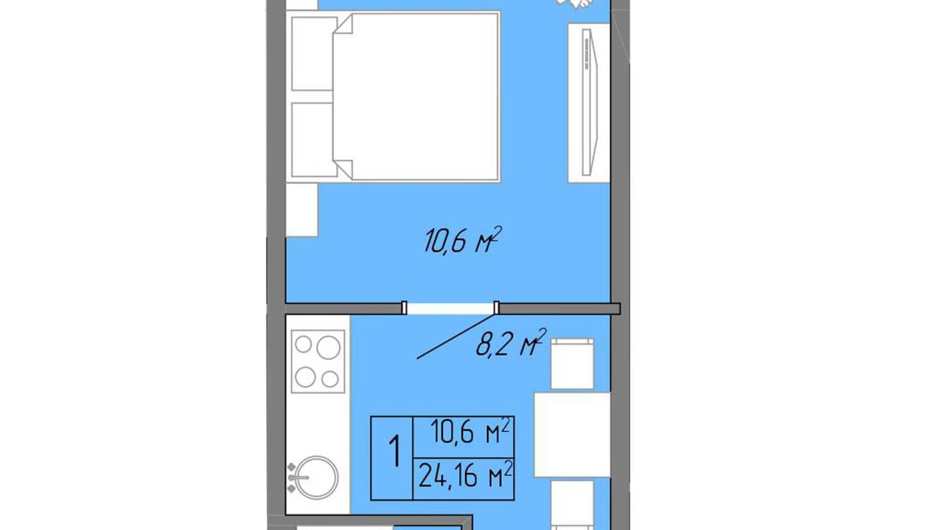 Планування 1-кімнатної квартири в ЖК Акварель 2 24.16 м², фото 400560