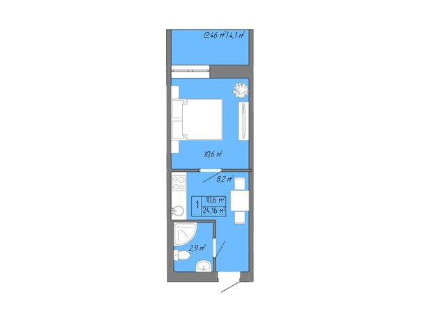 ЖК Акварель 2: планировка 1-комнатной квартиры 24.16 м²