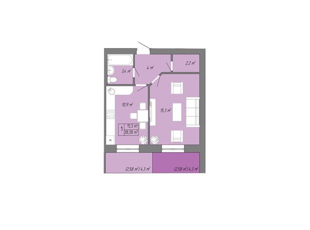 ЖК Акварель 2: планування 1-кімнатної квартири 40.96 м²