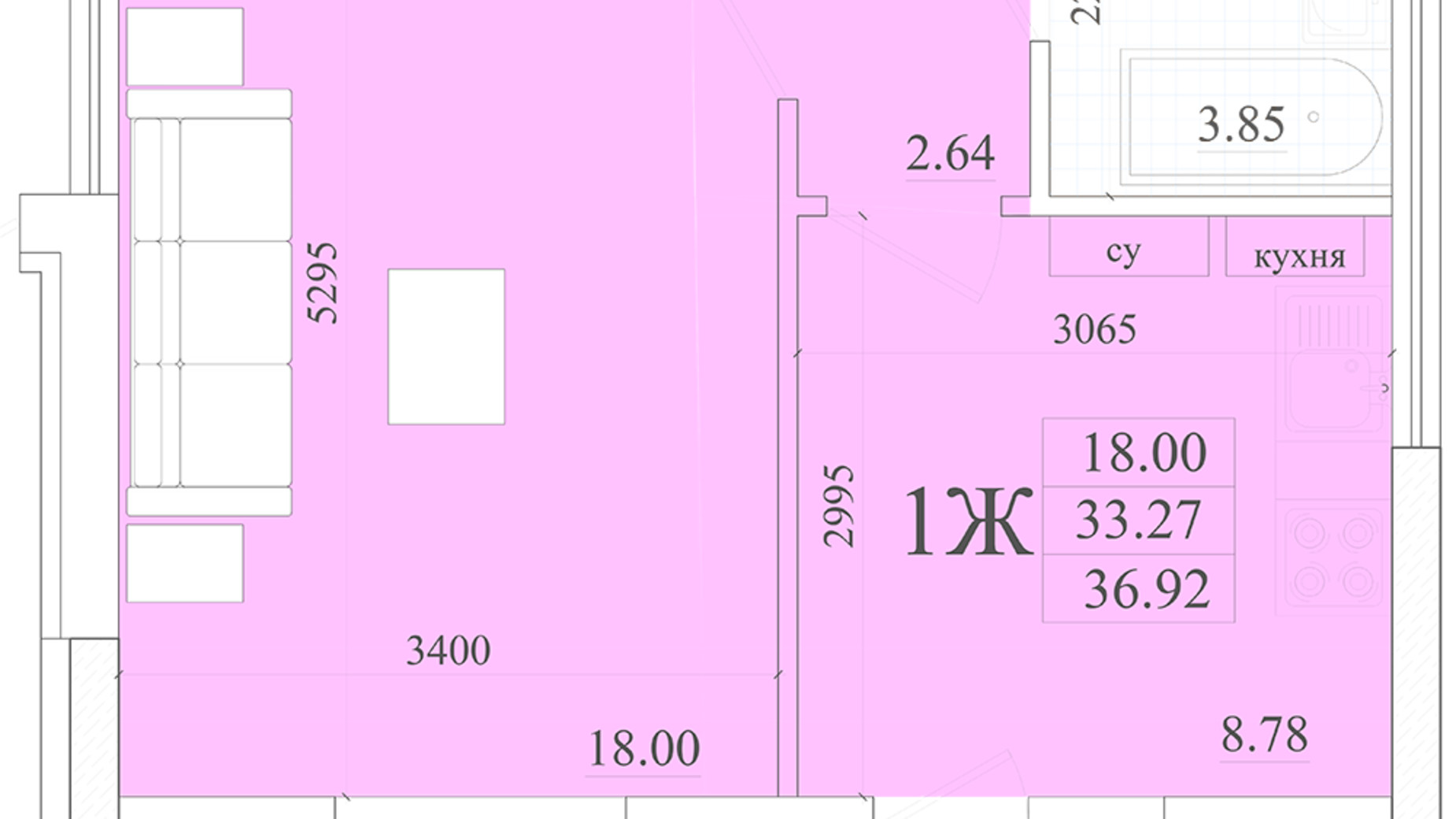 Планування 1-кімнатної квартири в ЖК Акварель 2 36.09 м², фото 400567