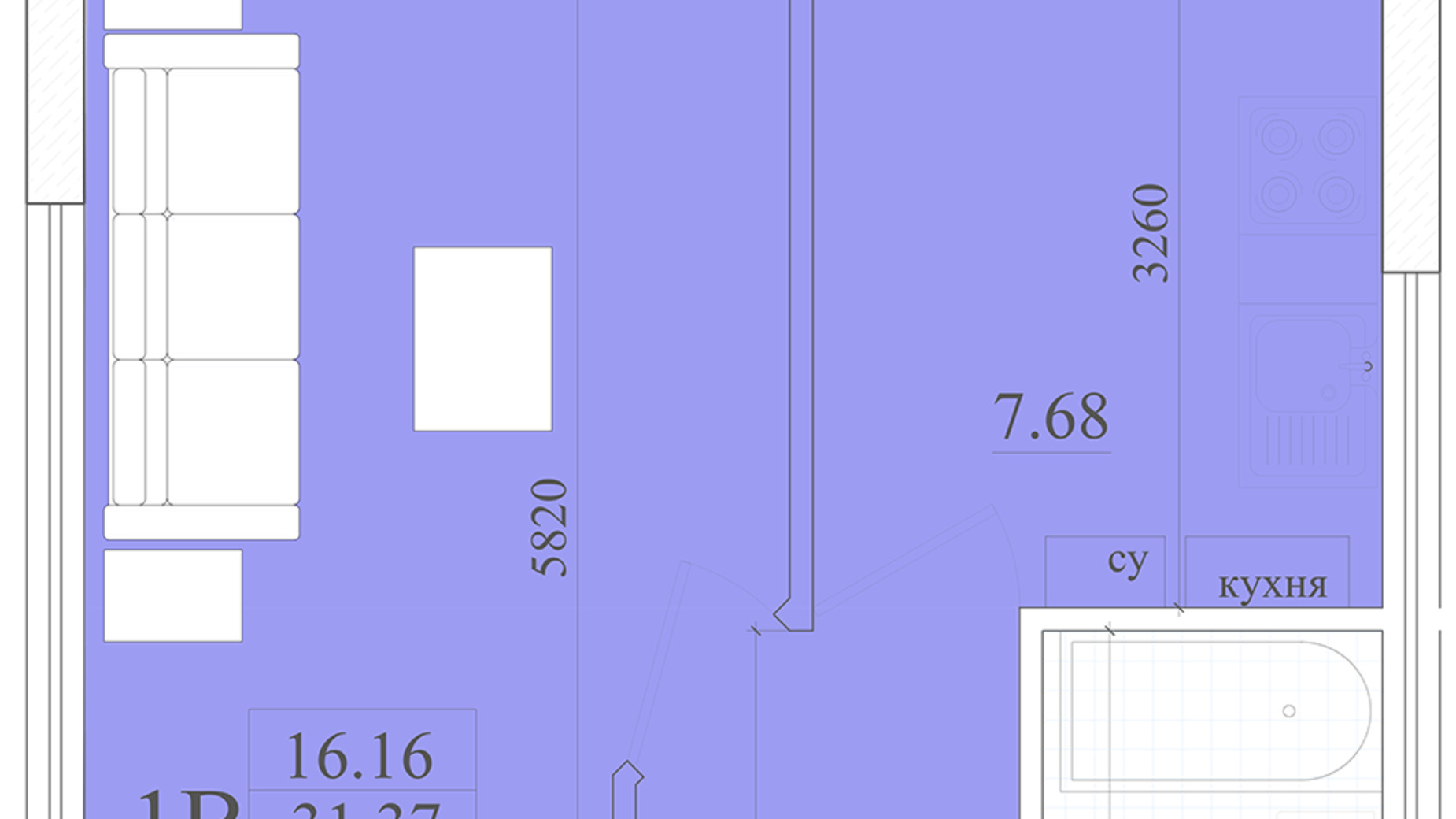 Планування 1-кімнатної квартири в ЖК Акварель 2 33.6 м², фото 400573