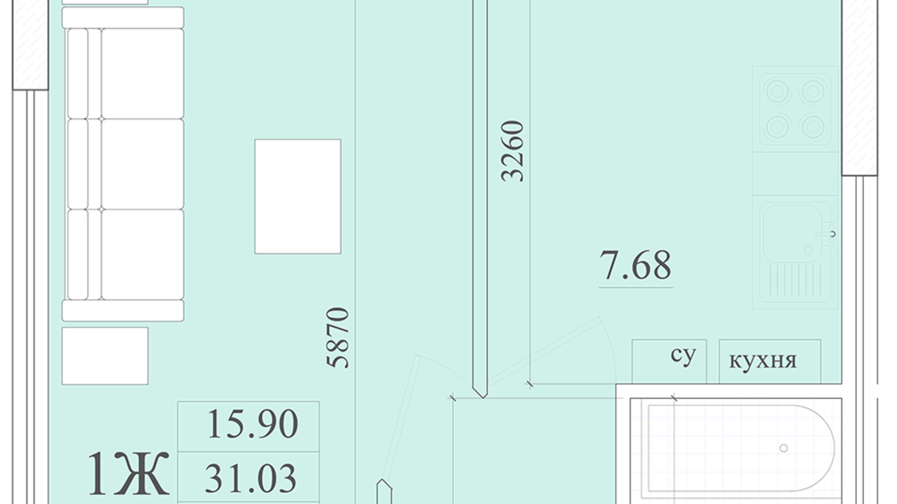 Планування 1-кімнатної квартири в ЖК Акварель 2 33.01 м², фото 400574