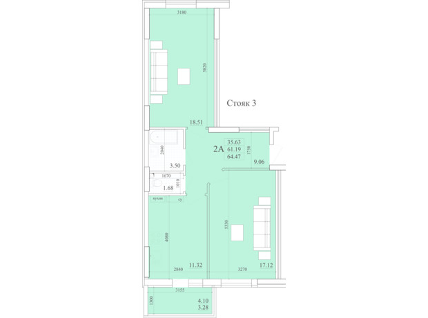 ЖК Акварель 2: планировка 2-комнатной квартиры 64.3 м²