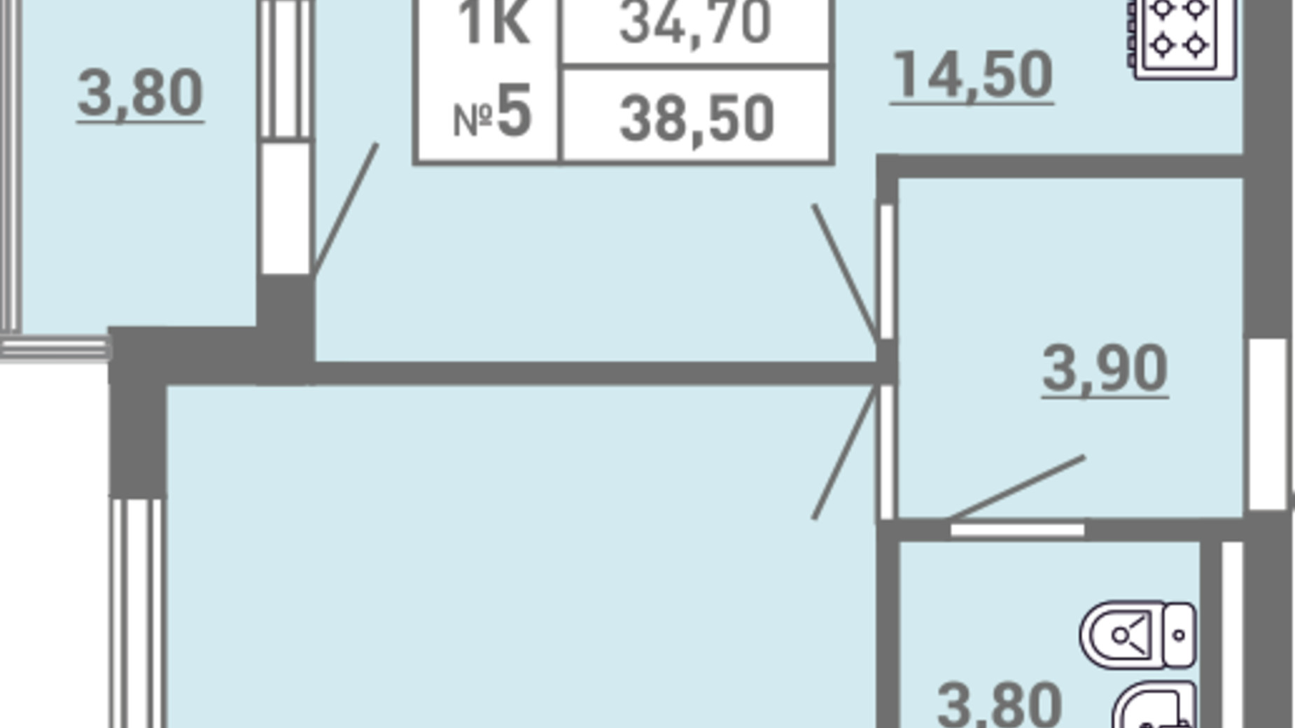 Планировка 1-комнатной квартиры в ЖК Акварель 3 38.5 м², фото 400580