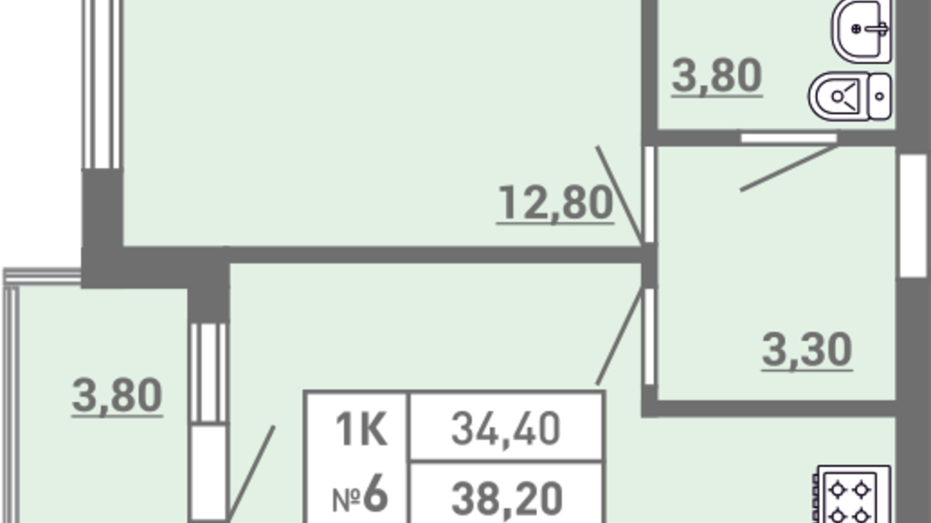 Планировка 1-комнатной квартиры в ЖК Акварель 3 38.2 м², фото 400583